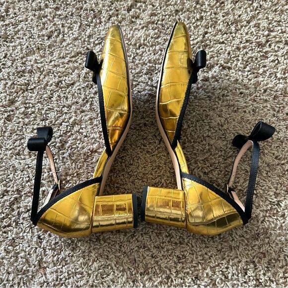 J. Crew Millie Bow Ankle Strap Heels in Metallic Croc Embossed Leather Gold 10 - Picture 4 of 12